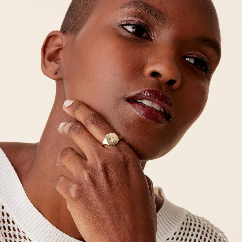 14K Gold Plated North Star Signet Ring for Women - Minimal Lightweight Statement - Picture 3 of 6
